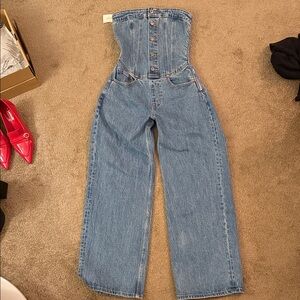 Abercrombie & Fitch Button-Up Blue Wide Leg Jeans Romper
